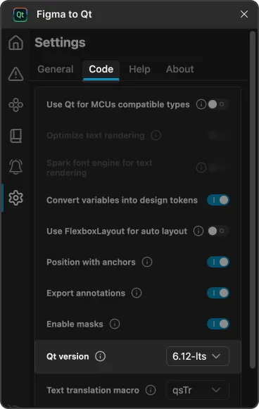 Code settings on the Settings page in the plugin.