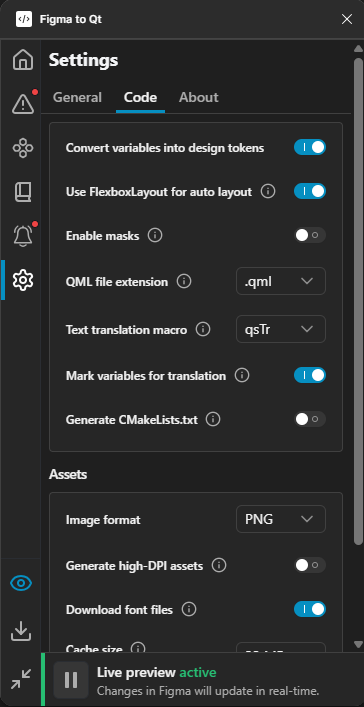 Code settings on the Settings page in the plugin.