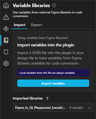 Variables page Import section.