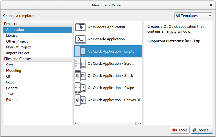 "Qt Creator New File or Project dialog"