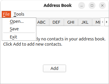 Open, Save, and Exit items in File menu