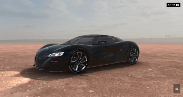 3D side-angle view of a black sports car against a desert backdrop
