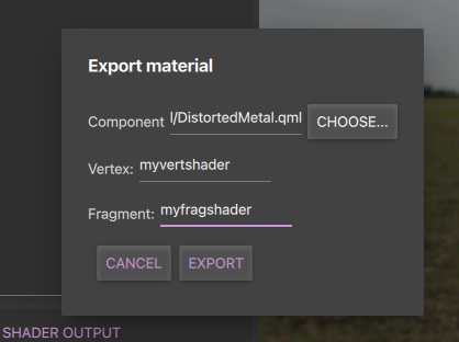 Export material dialog