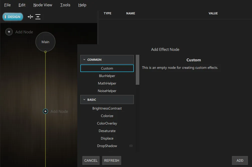 Add Effect Node dialog with Custom selected under Common category