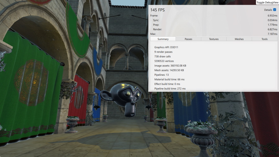 Sponza scene with debug view panel showing performance statistics