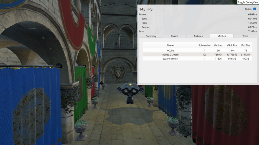 Scene with debug panel showing mesh statistics