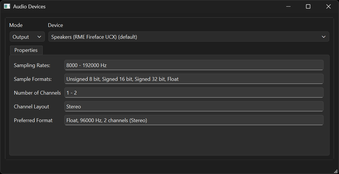 UI consisting of audio configuration drop-downs and controls