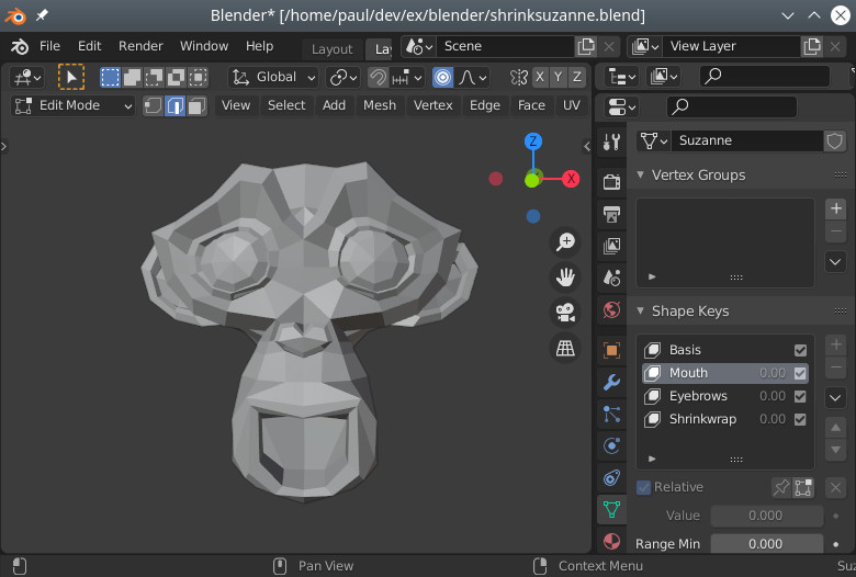 Blender interface with monkey head model and shape key controls
