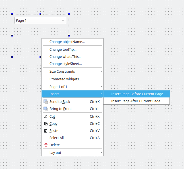 Screenshot of Qt Widgets Designer UI editor showing option to insert page before current page to an object