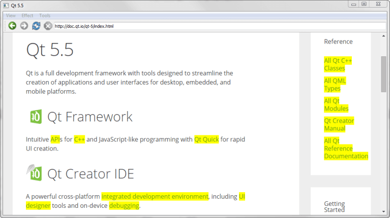Web page with highlighted keywords