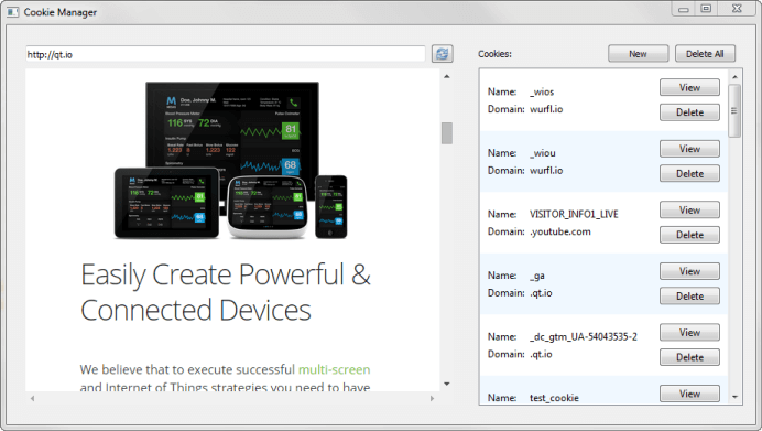 Web page with cookie list showing activated cookies and options to view or delete them