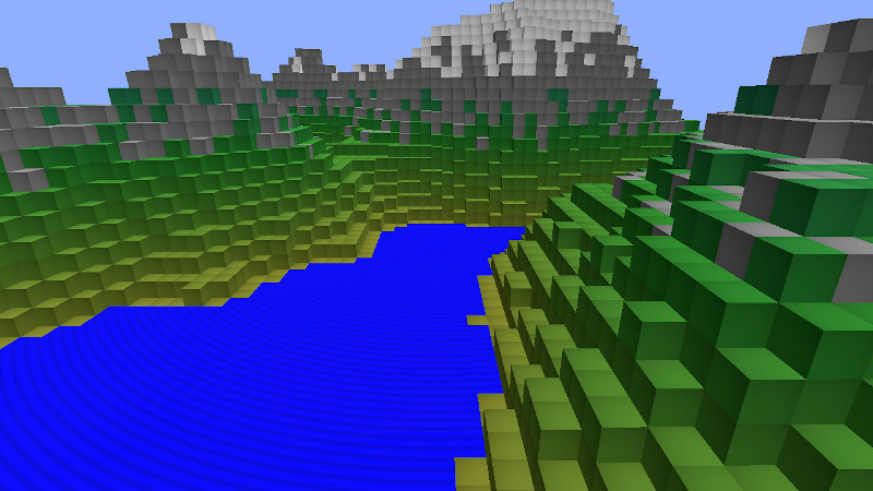 Blocky terrain with water, grass, and hills demonstrating instanced rendering