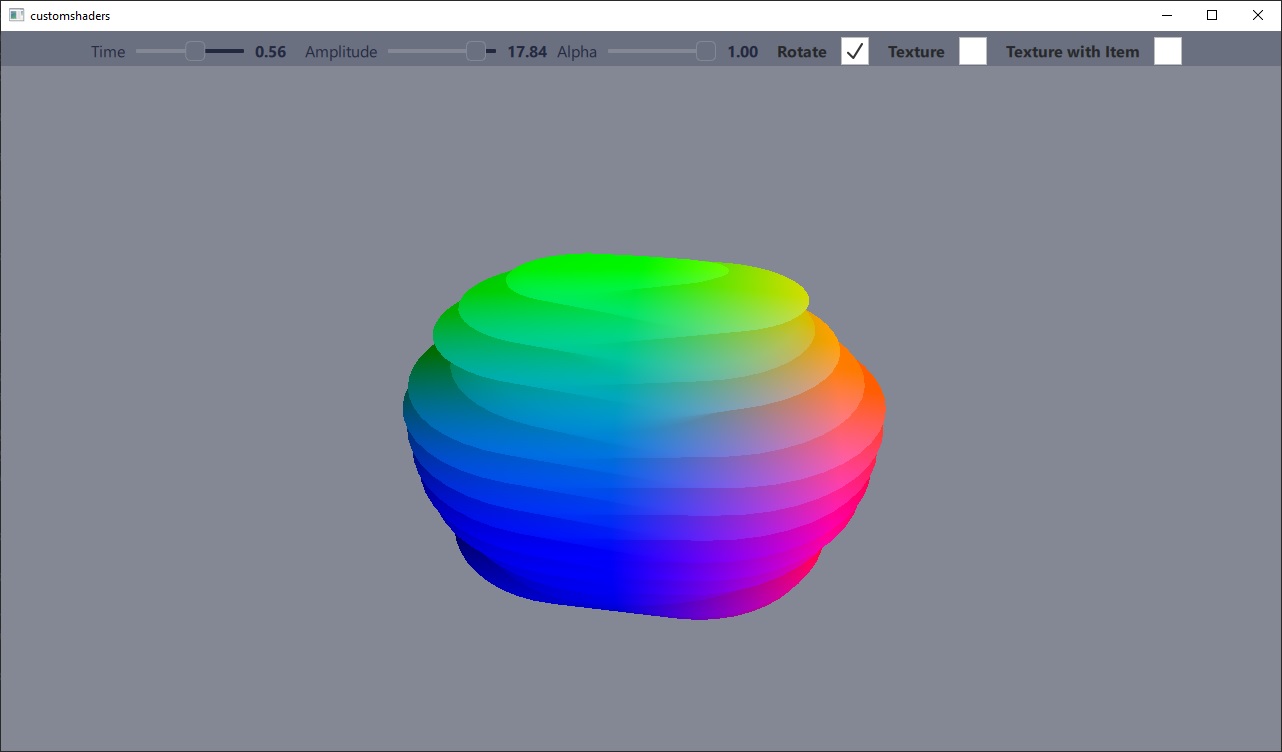 Rainbow-colored sphere with wave deformation and shader settings