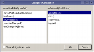 Screenshot of window listing signals that can be emitted between two selected widgets