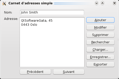 Screenshot showing an address book example in French
