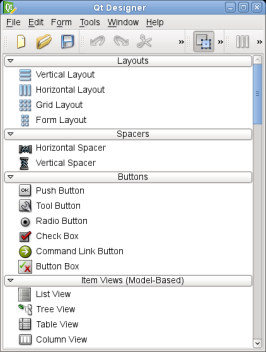 Screenshot of the Qt Widgets Designer showing all components that can be added to the window