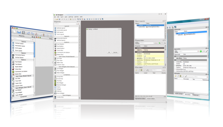 Illustration showing three screenshots of the Qt Widgets Designer editor on different operating systems