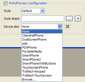 Screenshot of Qt Widgets Designer print and preview configuration showing a dropdown menu for selecting device skins