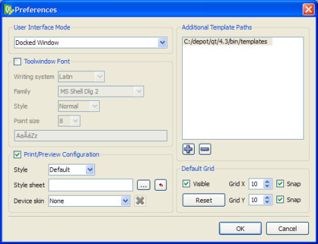 Screenshot of preferences dialog showing options for interface mode, font settings, print and preview configuration, additional template paths, and grid visibility and snapping