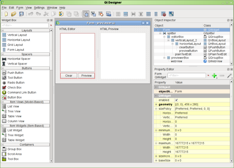 Screenshot showing the UI of the Qt Widgets Designer editor