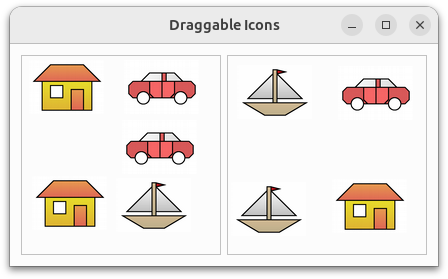 Application with icons that respond to drag and drop events