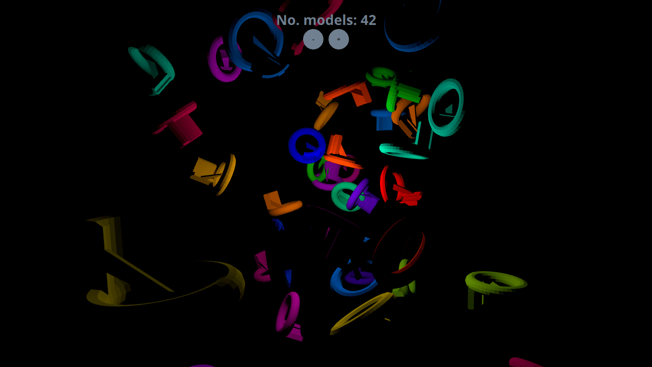 42 colorful Qt logo models scattered in dark space demonstrating dynamic object creation