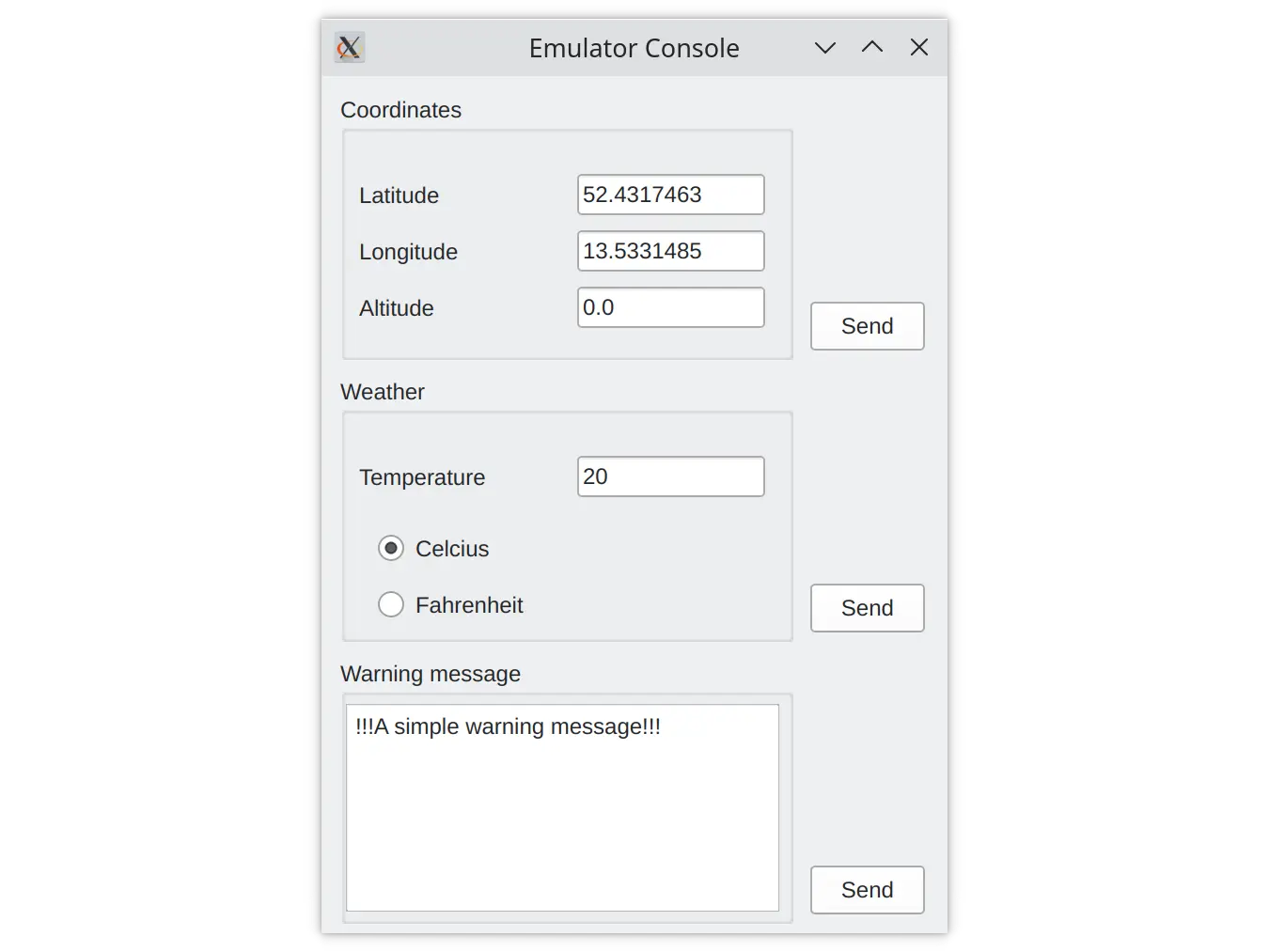 Screenshot showing an emulator console application to send coordinates, weather temperature, and a warning message