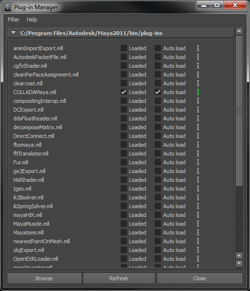 Maya Plug-in Manager window showing COLLADA plugin loaded