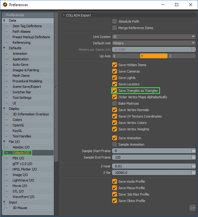 Modo COLLADA Export preferences with Save Triangles as Triangles