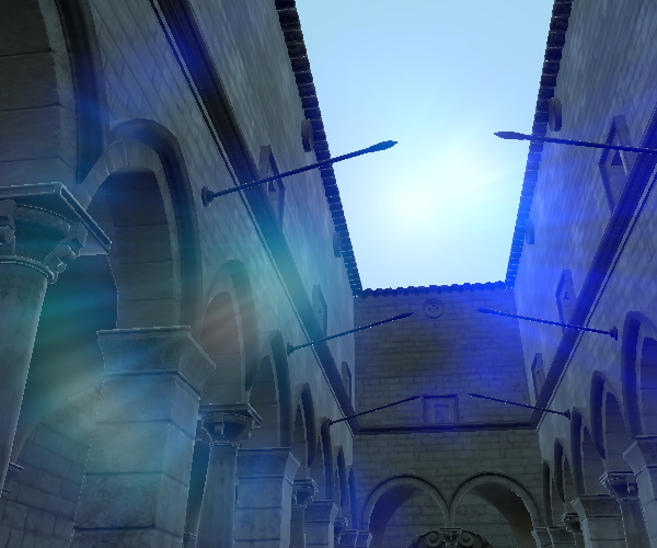 Stone courtyard with lens flare showing starburst pattern