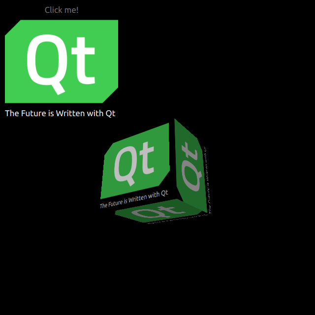 Cube with Qt logo and text on each face showing 2D items rendered on 3D object