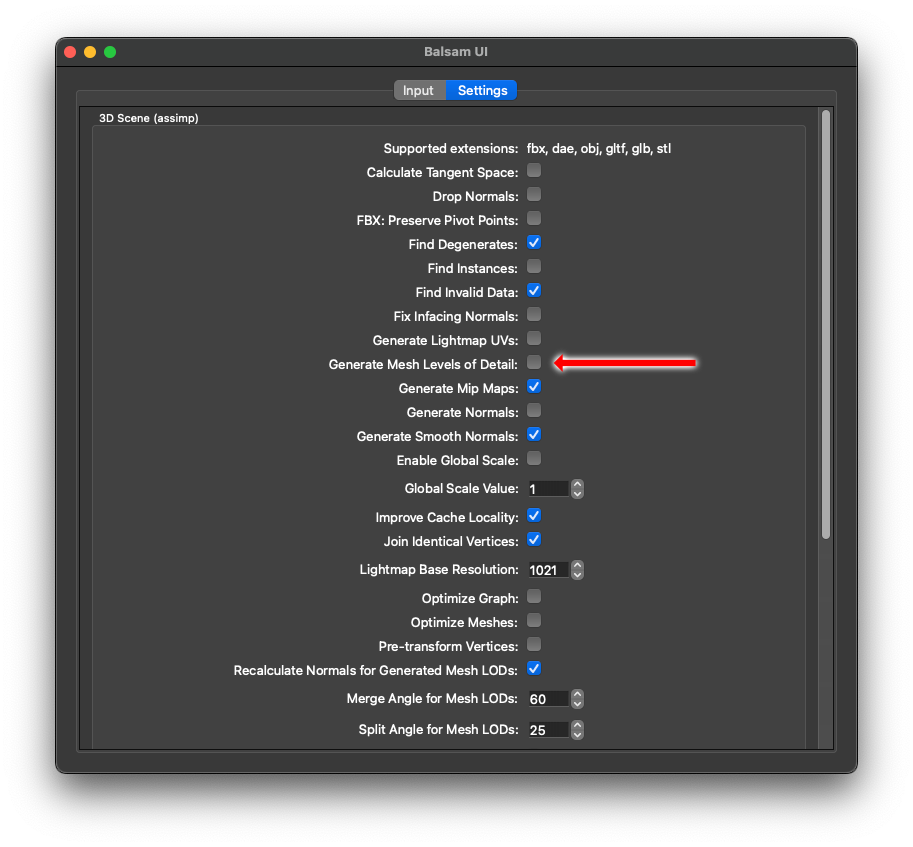Balsam UI settings with LOD generation option highlighted