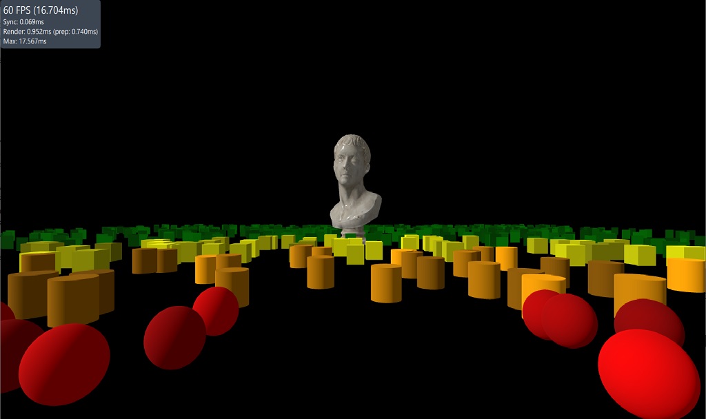 Bust sculpture with instanced objects at varying detail levels
