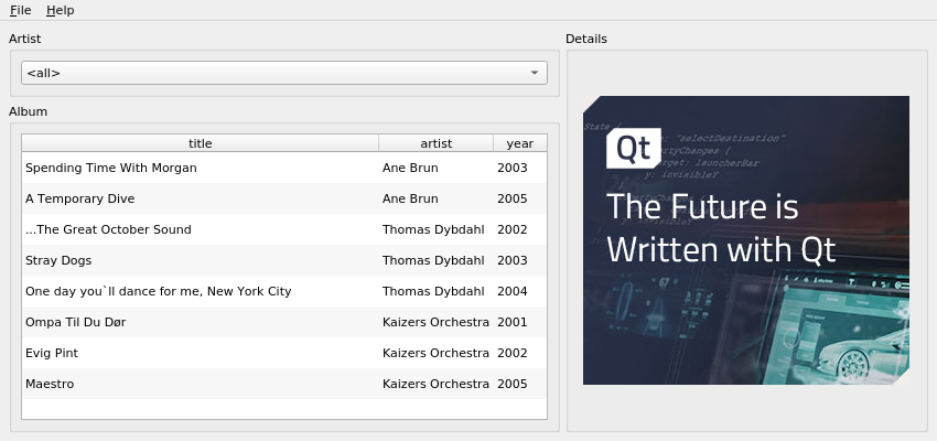 The main window displays artist and album information from the database, together with the album tracks stored in an XML file