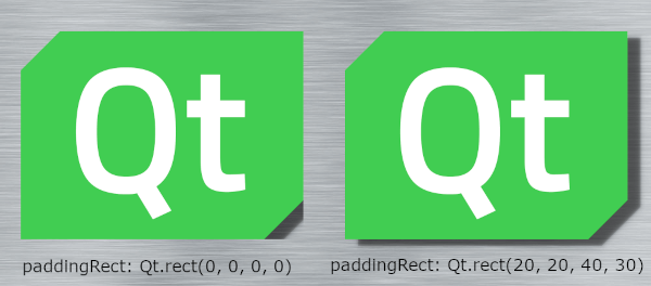 Two Qt logos with shadows comparing paddingRect values, showing clipped shadow at zero versus full shadow with padding