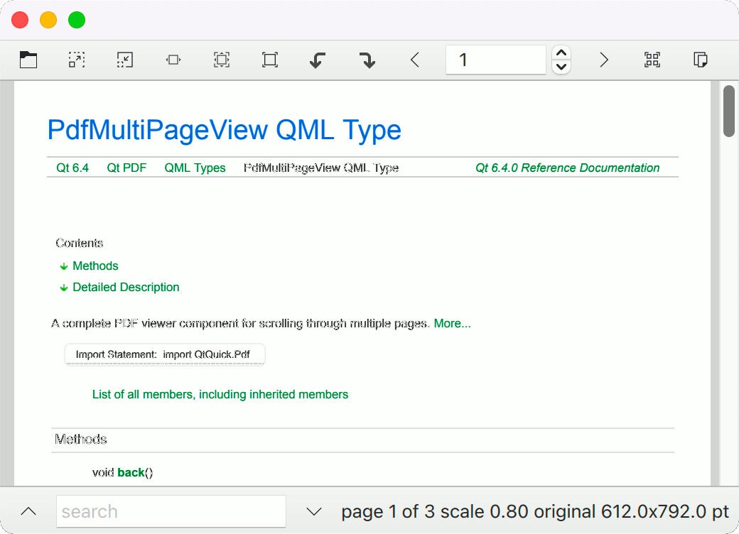 PDF viewer displaying PdfMultiPageView QML Type documentation