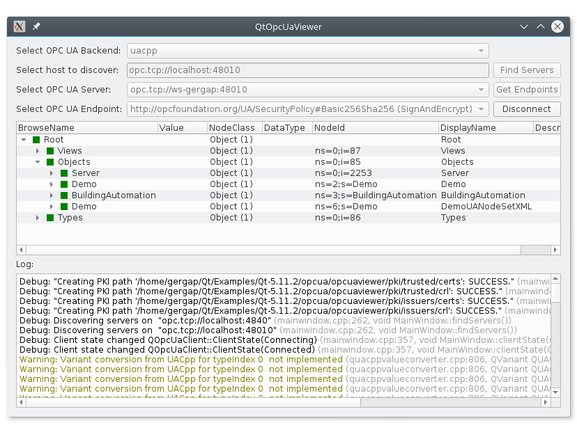 OPC UA server tree with Root, Objects, and Types nodes
