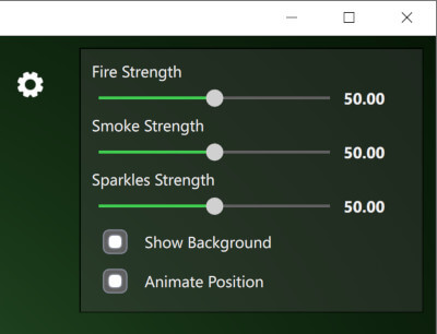 Control panel for fire, smoke, and sparkles particle effects