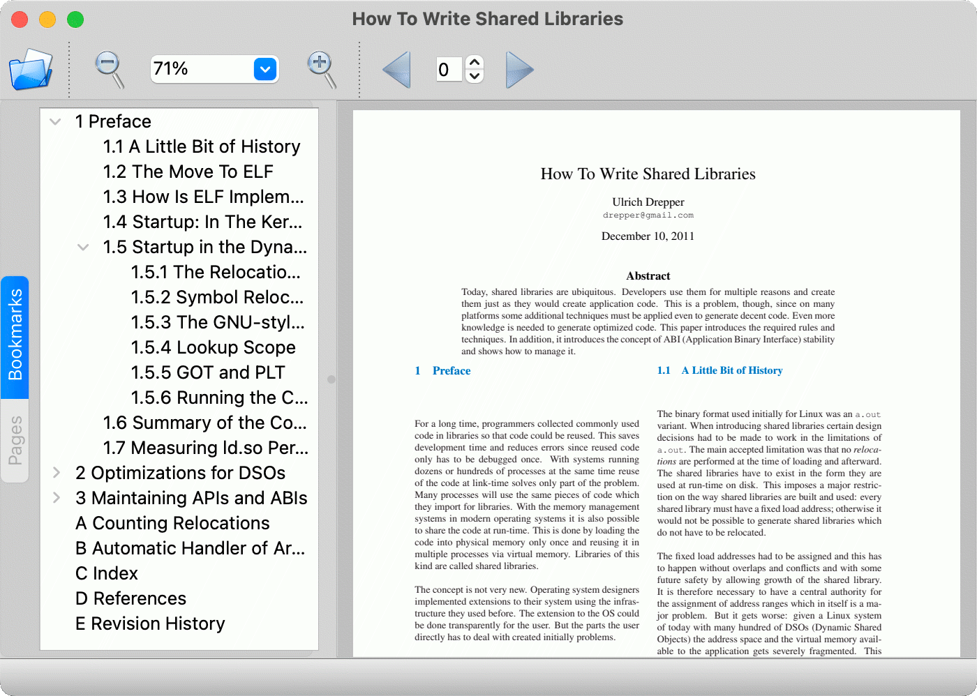 PDF viewer with bookmarks panel on left and main viewing area on right showing document title page