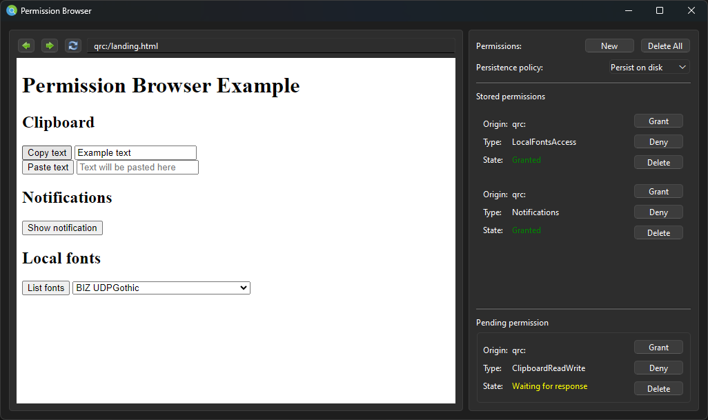 Permission browser with web page showing clipboard, notifications, and fonts sections on left and permissions panel on right with grant and delete options