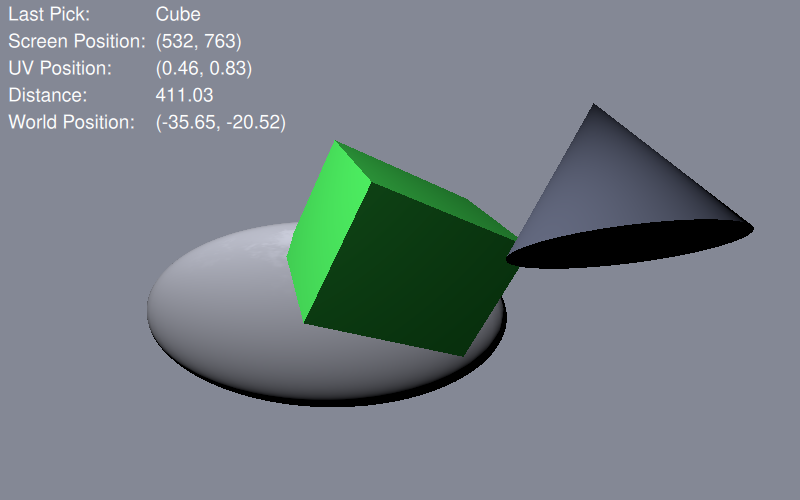 Three objects with pick information showing selected cube position