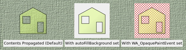 Three pixmaps of a house with different background properties: transparent, filled with white, and uninitialized