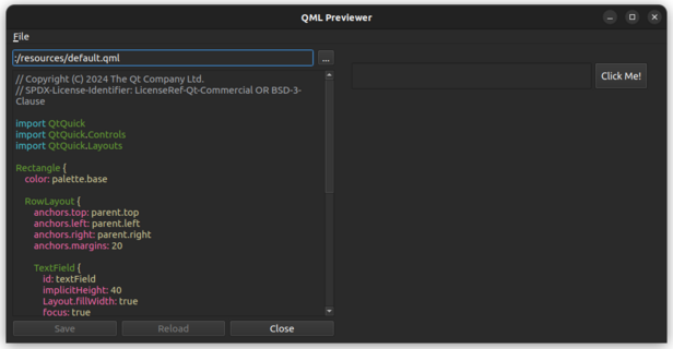 QML code editor with live preview panel