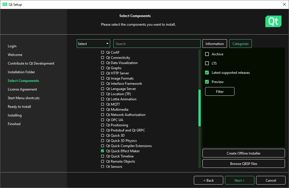 Qt Online Installer Select Components page with Qt Quick Effect Maker selected