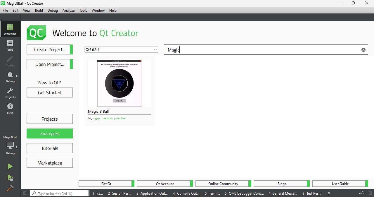 Screenshot showing the Qt Creator home menu, in examples section with "magic" typed in the search bar and shows the examples with this name