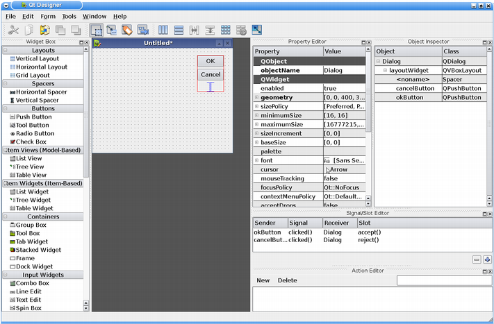 Screenshot showing the UI of the Qt Widgets Designer editor
