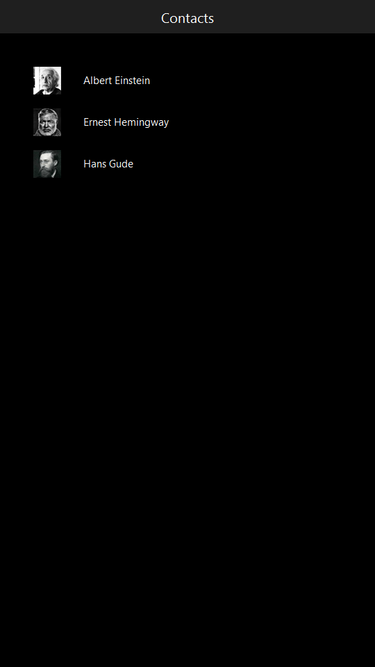 Contacts page with Universal style in dark theme