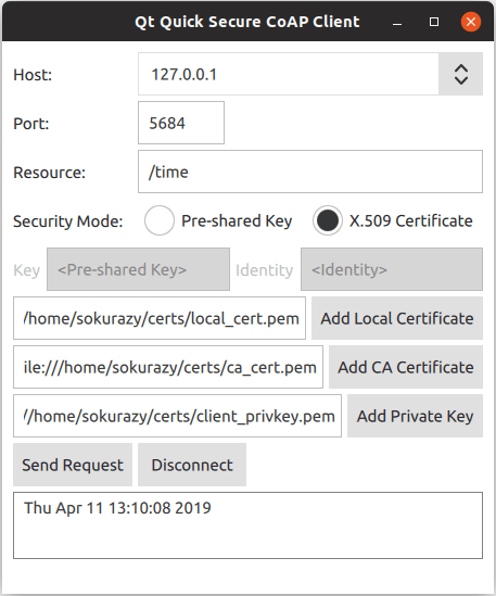 Secure CoAP client with certificate configuration and response