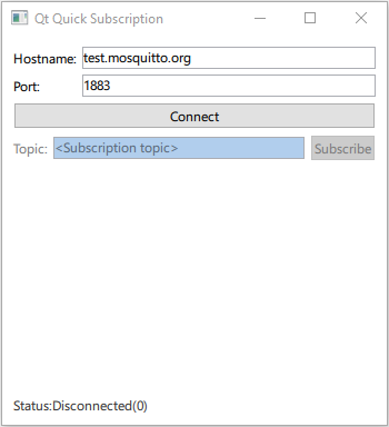 MQTT subscription interface with Hostname, Port, Topic fields, Connect and Subscribe buttons