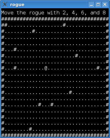 Text-based game with player @ navigating grid of dots and walls #